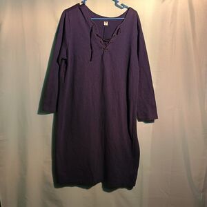 Casual Navy Long Sleeve Dress with Lace-Up Neckline – Relaxed Cotton Tunic